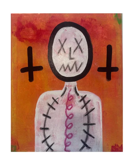 No. 41. A pale figure with crossed eyes and a jagged mouth stands between black crosses against an orange-red background.