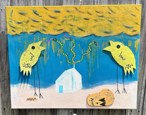 No. 34. Two yellow birds flank a white house with a branching green form beneath a yellow sky band.