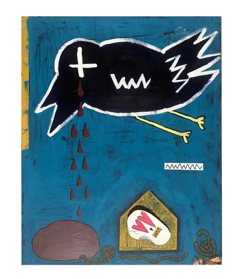 No. 35. A large black bird with a white cross for an eye drops red marks above small symbolic shapes on blue.