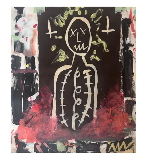 No. 43. A pale outlined figure with crossed eyes and a spiral torso amid rough black, white, and red brushwork.
