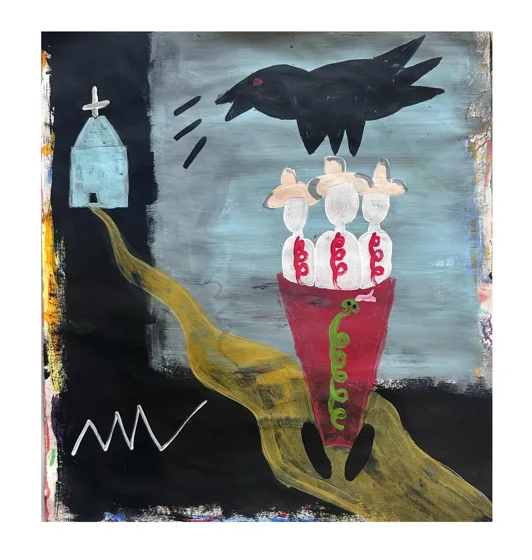 No. 46. Three small pale figures rise from a red tapered form beneath a black bird, beside a winding golden path and a small blue building.