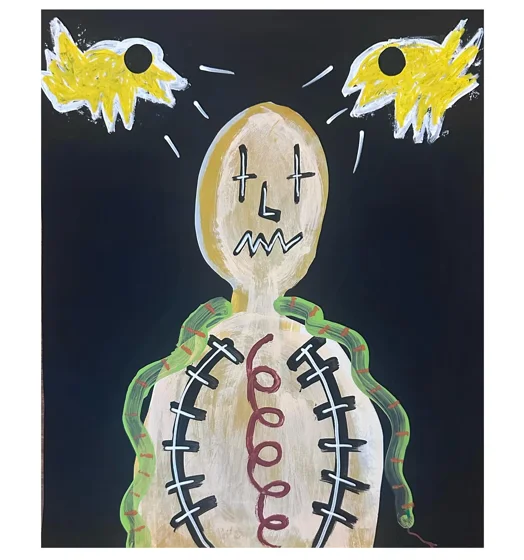 No. 48. A pale figure with cross-like eyes and a spiral torso stands beneath two yellow birds on black.