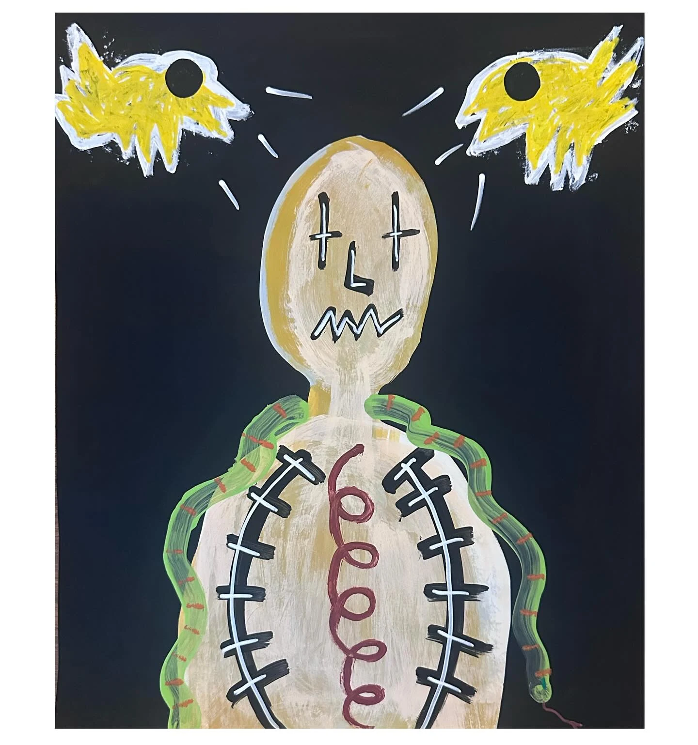 No. 48. A pale figure with cross-like eyes and a spiral torso stands beneath two yellow birds on black.