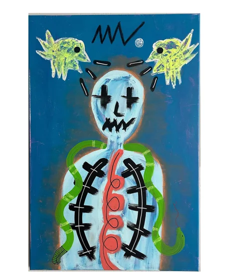 No. 49. A pale skeletal figure with a red spiral torso and green outline beneath two yellow birds on blue.