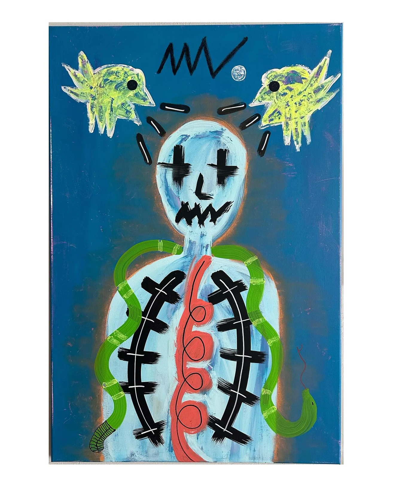 No. 49. A pale skeletal figure with a red spiral torso and green outline beneath two yellow birds on blue.