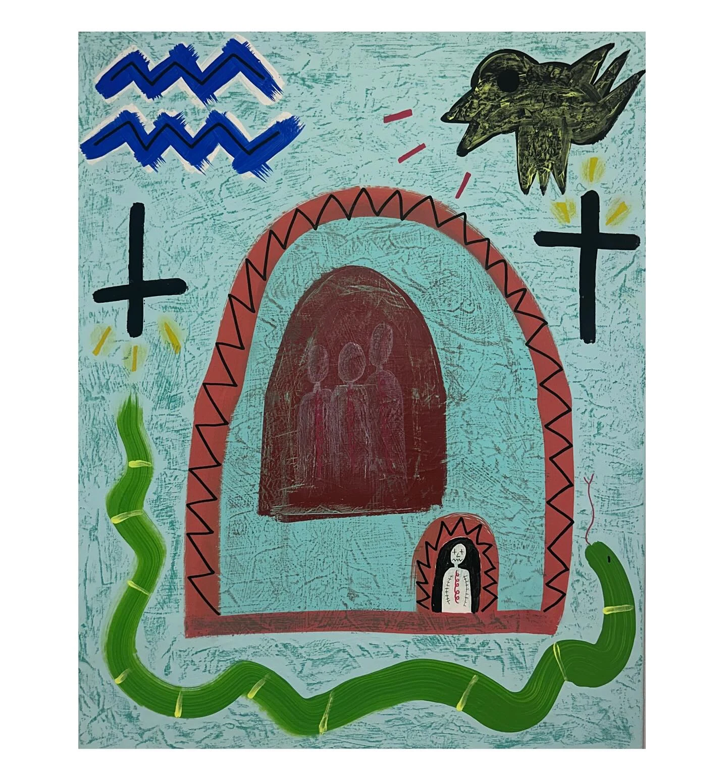 No. 54. A red arch encloses faint figures and a small doorway, surrounded by a green snake, crosses, blue zigzags, and a dark bird on turquoise.