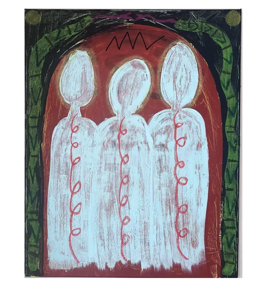 No. 55. Three pale blue figures with red spiral torsos stand inside a rounded red arch edged in green.