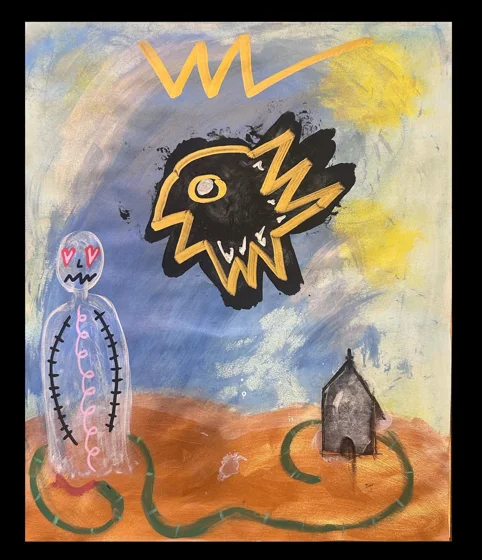 No. 56. A yellow and black bird floats over a pale figure and small dark house, connected by a green line across an orange ground.
