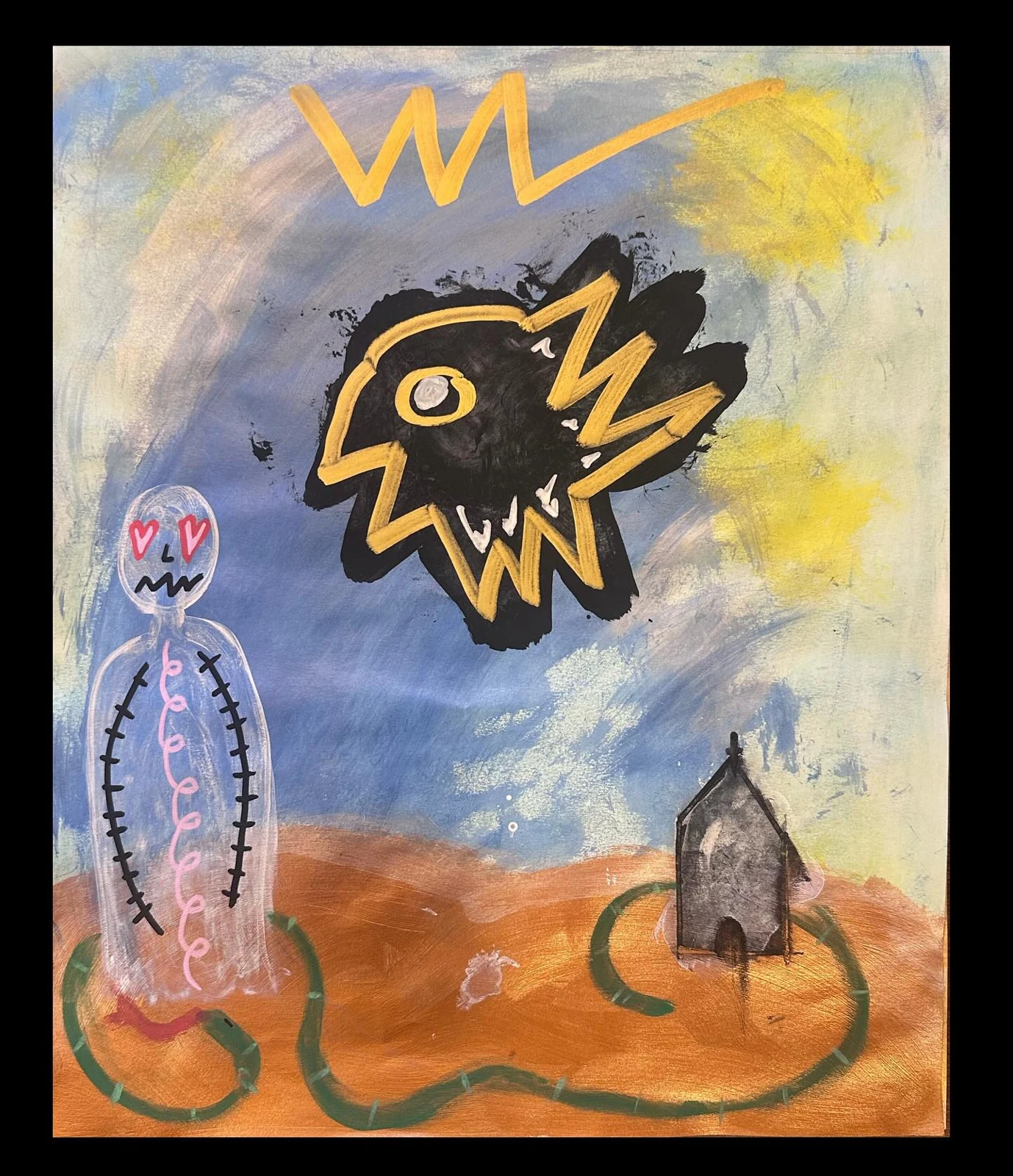 No. 56. A yellow and black bird floats over a pale figure and small dark house, connected by a green line across an orange ground.
