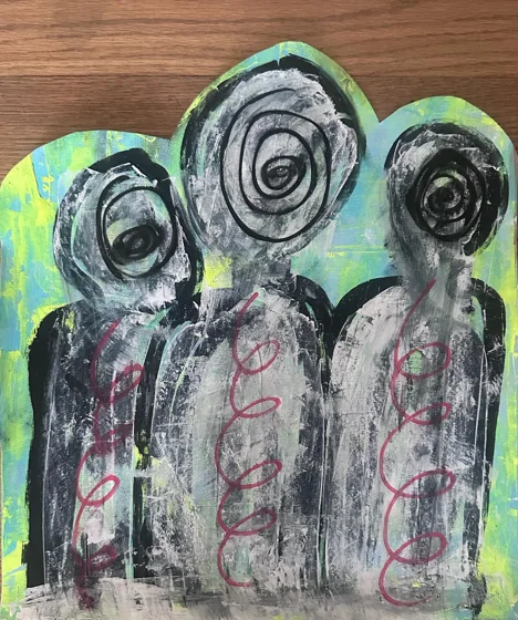 No. 58. Three pale figures with dark spiral faces stand close together within a green outline.