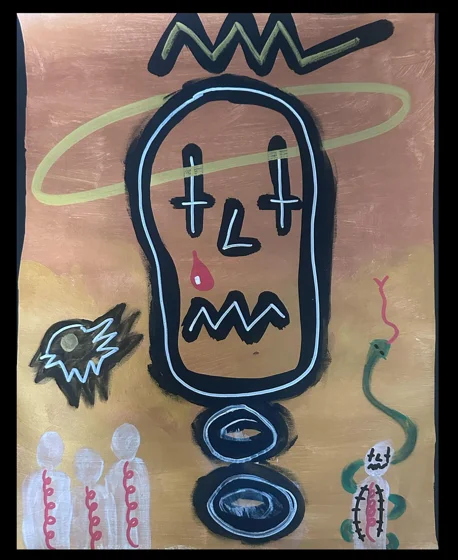 No. 63. A large outlined face with a zigzag mouth and tear-like marks floats above circular forms, with small figures and birds on pink.