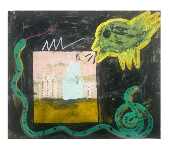 No. 68. A green snake curls around a pale rectangular scene while a large yellow-green bird hovers at the upper right.