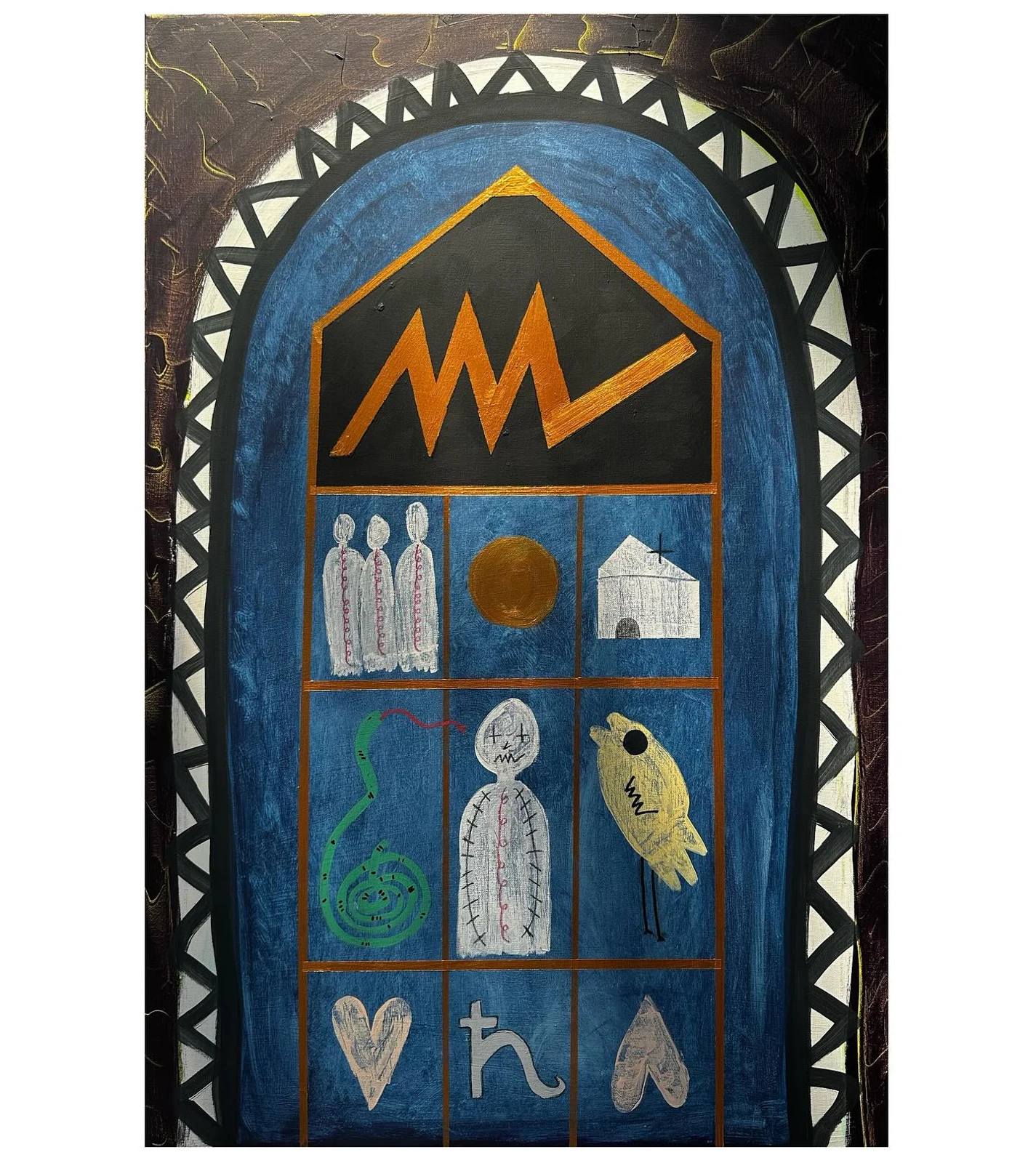 No. 70. A tall blue arched panel with a patterned border contains figures, a bird, a house, and geometric symbols.