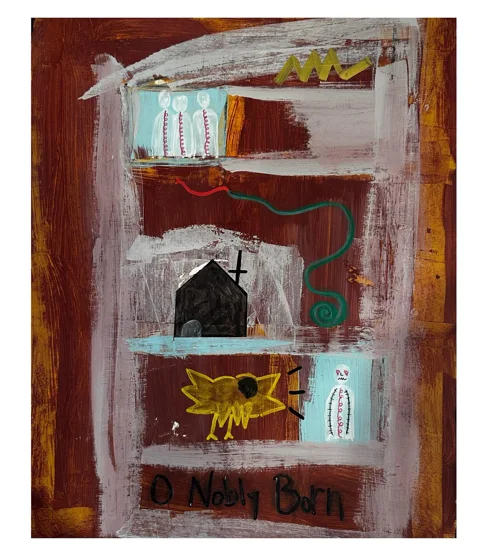 No. 71. Stacked pale rectangular compartments hold small figures, a black house, and a yellow bird on a rusty red background.