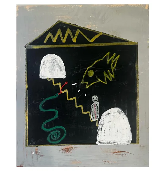 No. 72. A dark house shape contains white rounded forms, a yellow bird, a small white figure, and winding green and yellow lines.