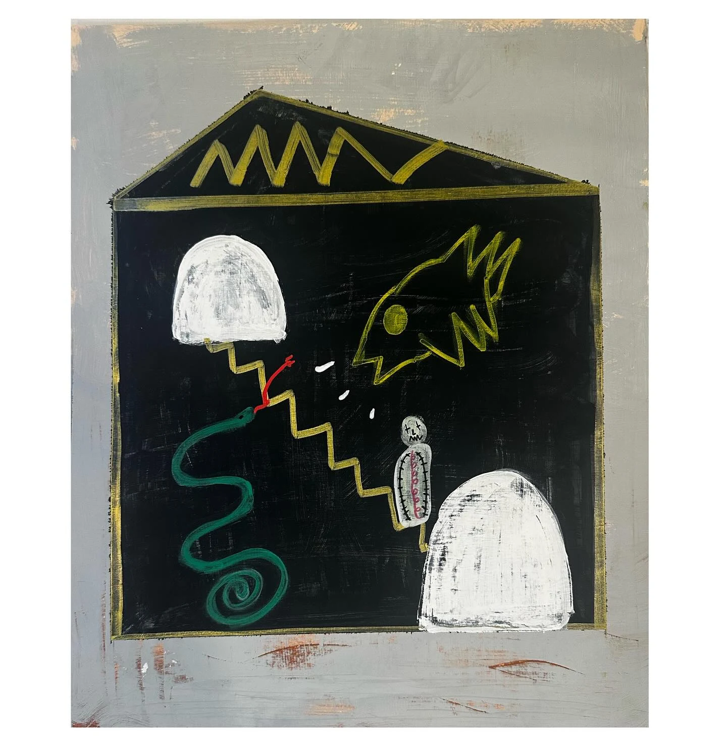 No. 72. A dark house shape contains white rounded forms, a yellow bird, a small white figure, and winding green and yellow lines.