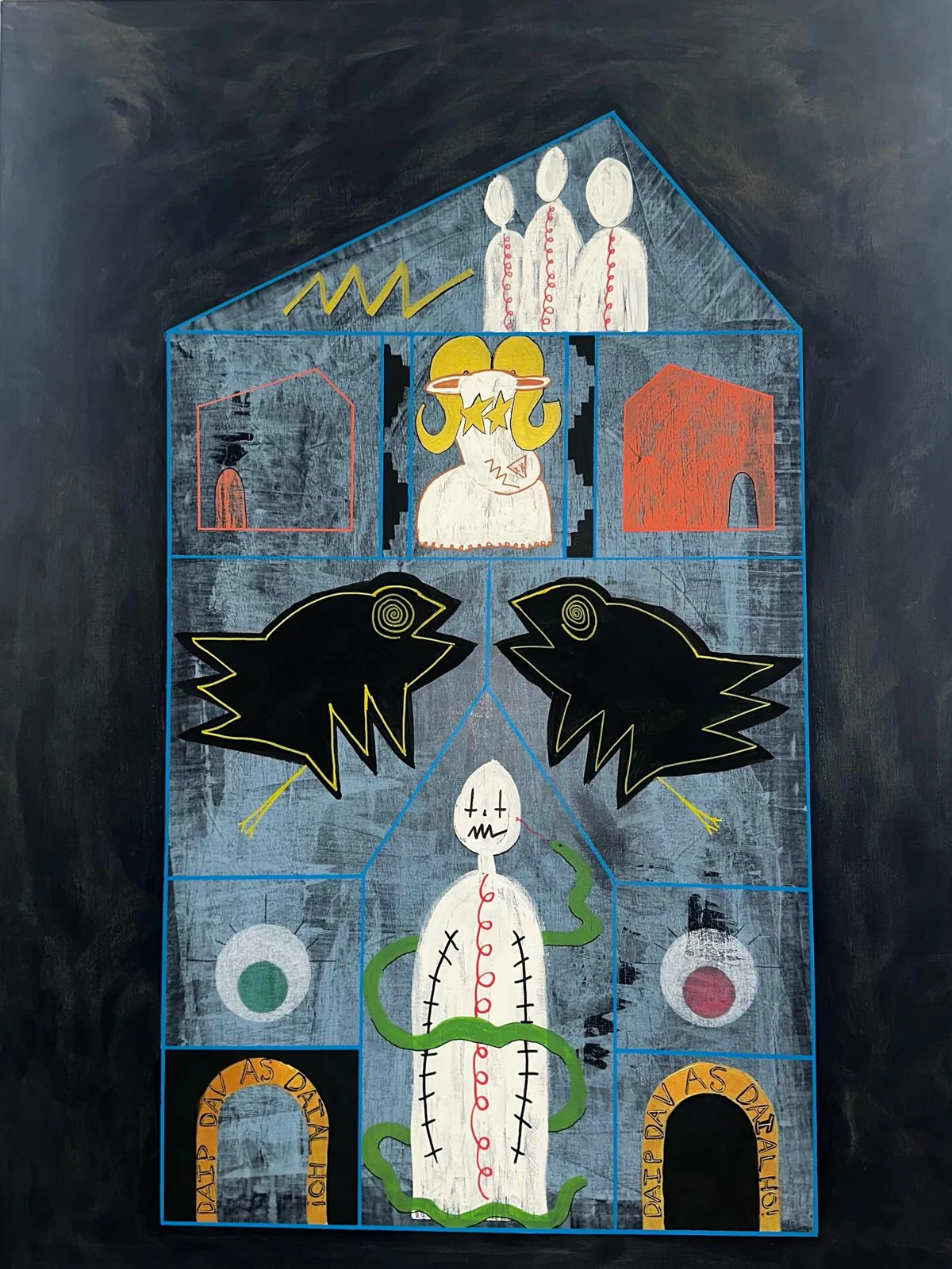 No. 85. A blue house-shaped structure filled with white figures, two black birds, circular symbols, and golden doorways on a dark background.