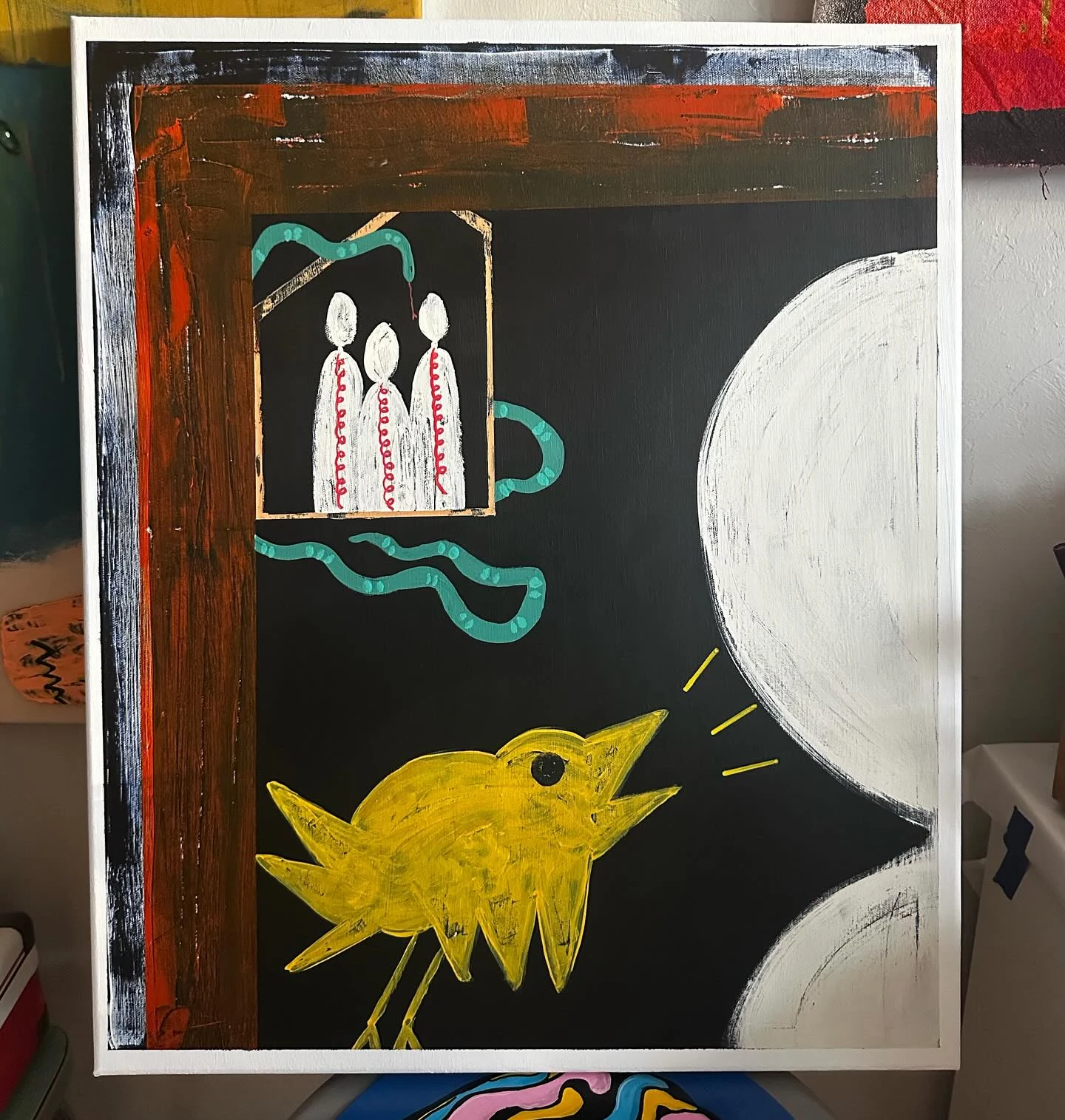 No. 76. Three small white figures and green curling lines above a yellow bird, beside large white curves on black.