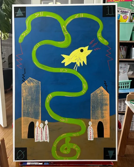 No. 78. A long green snake curls through a blue sky between two golden towers, with a yellow bird and white figures.