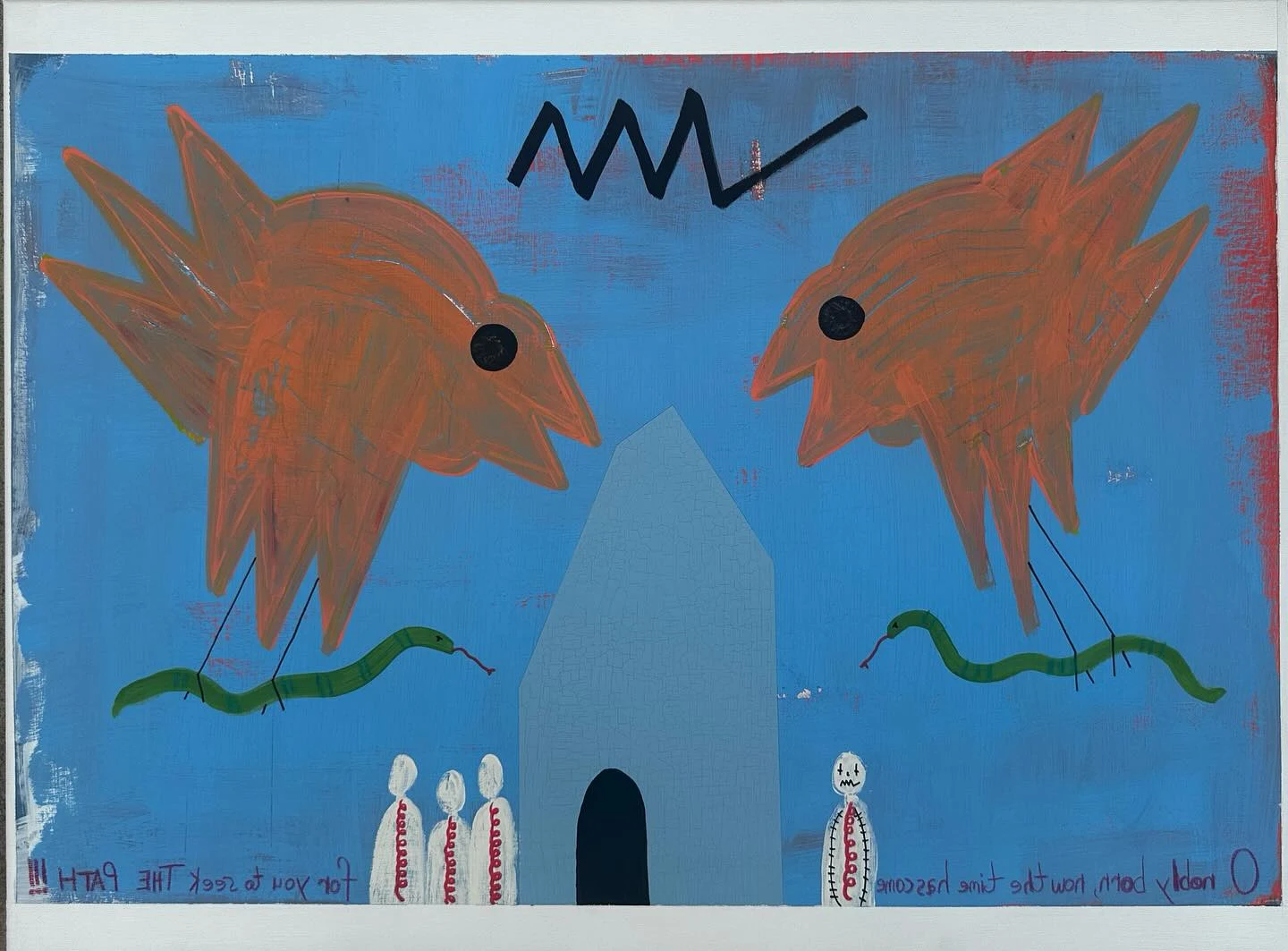 No. 79. Two reddish birds face inward above a pale blue pointed building and small white figures against a blue sky.