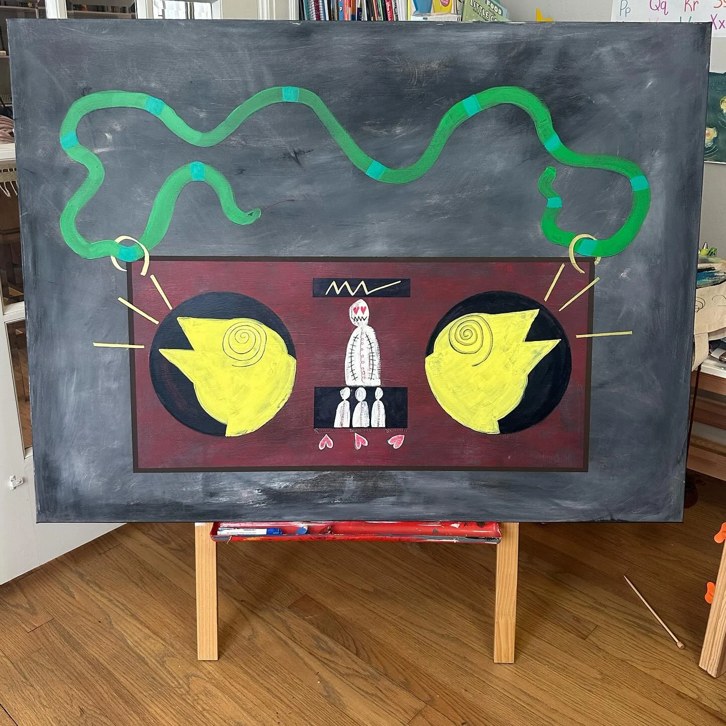 No. 88. A green snake loops above two large yellow circular forms surrounding small white figures on a dark red panel.