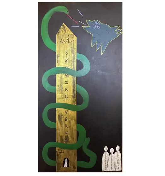 No. 91. A green snake winds around a tall golden tower, with a blue bird above and three white figures below.