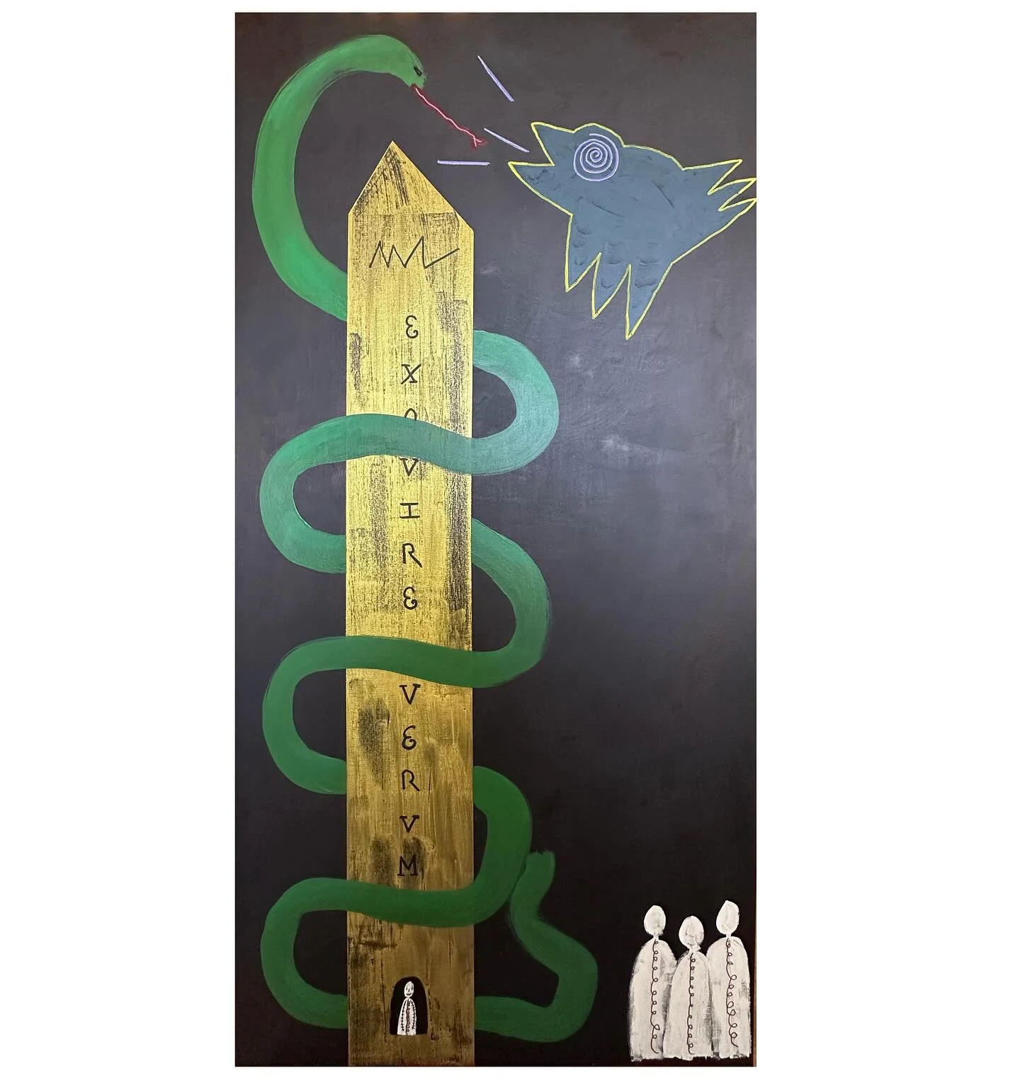 No. 91. A green snake winds around a tall golden tower, with a blue bird above and three white figures below.