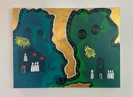Daemon ii. Two large green profile-like forms face each other across a gold divide, with small white figures and yellow birds within them.