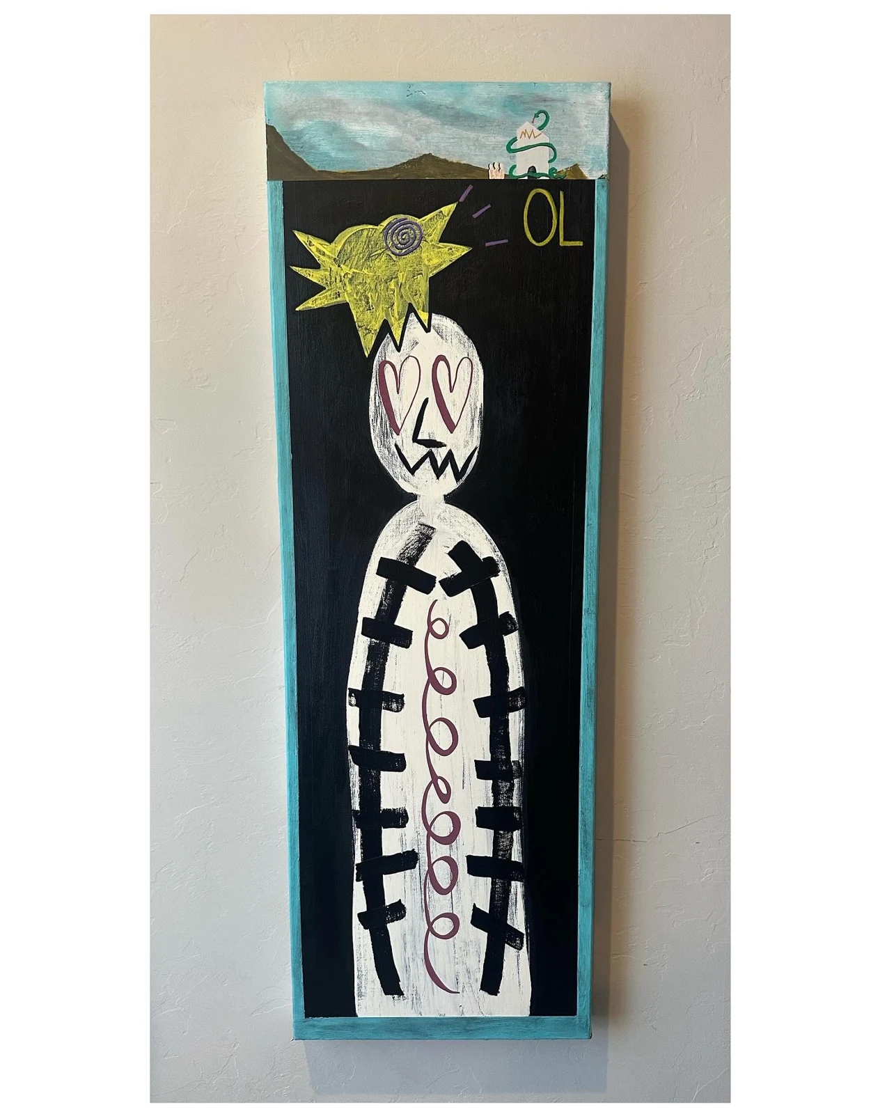 No. 94. A tall white figure with a spiral torso and yellow bird-like head against a narrow black background.