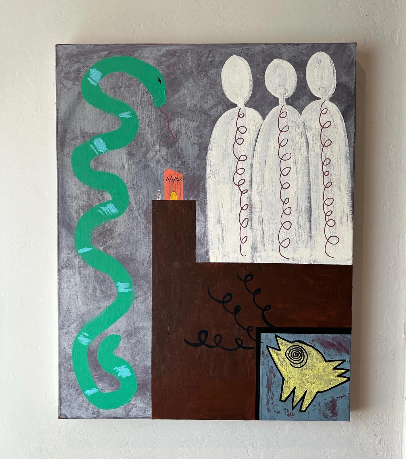 No. 95. Three white figures above a brown structure beside a winding green snake and a yellow bird on gray.
