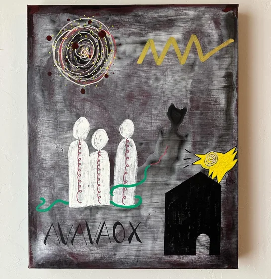 AVAVAOX. Three white figures beside a black house and yellow bird beneath a spiral and yellow zigzag on a smoky gray background.