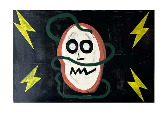 No War but Class War. A white oval face with round black eyes and a jagged mouth, encircled by a green snake and yellow lightning bolts on black.