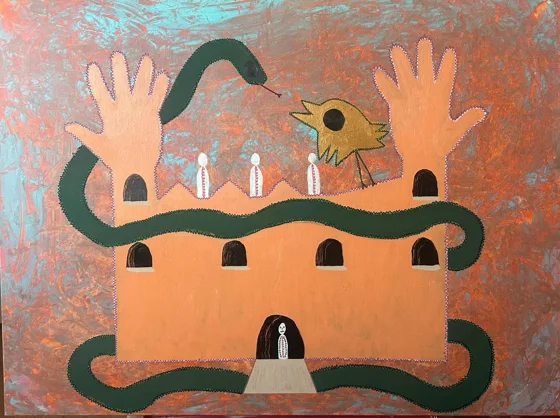 No. 104. An orange building topped by two raised hands, wrapped in a dark green snake-like line against a mottled pink and blue background.