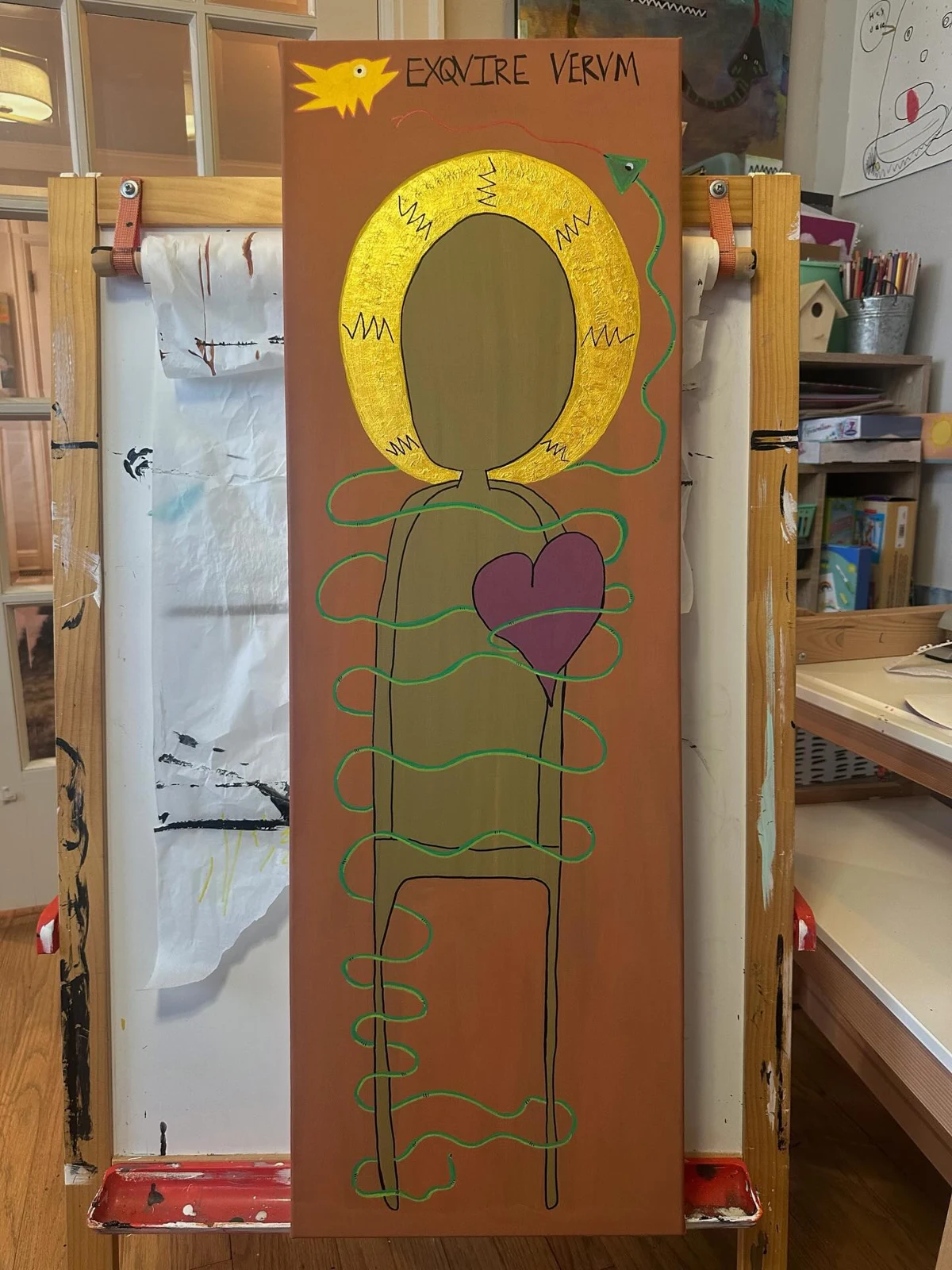 EXQVIRE VERVRM. A tall outlined figure with a golden halo and red heart on a narrow brown canvas.