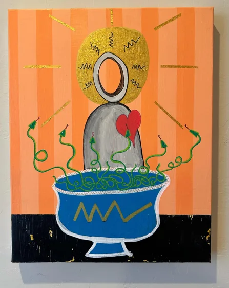 No. 105. A haloed figure with a red heart rises from a blue vessel, with green curling lines against orange stripes.