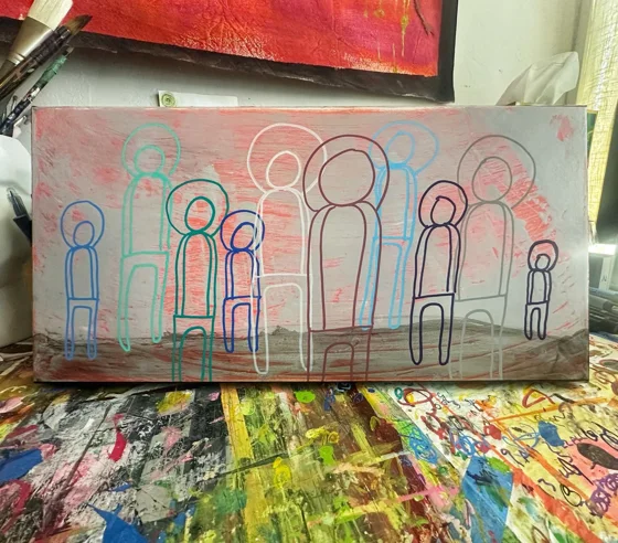 Gather. A row of overlapping outlined figures in blue, green, red, white, and black on a pink-gray horizontal canvas.