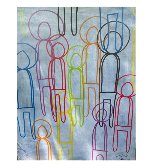 Demands. Large, overlapping outlines of human figures in blue, red, orange, and green across a pale textured surface.