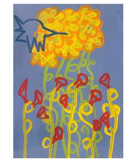 Sugar Water. A dense orange and yellow flower-like shape rises above thin green stems and red circles on a blue background.