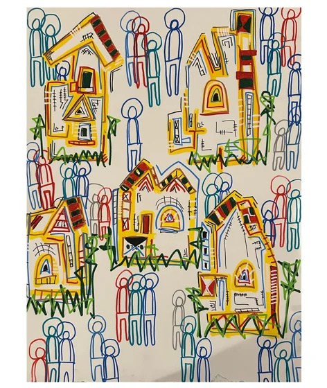 It Takes a Village. Yellow and orange houses surrounded by groups of multicolored outlined figures on a pale background.