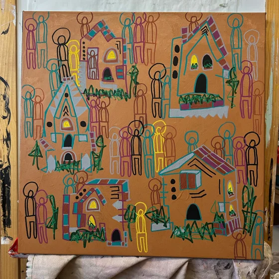 Neighbors. Colorful houses and clusters of outlined human figures fill a warm brown background.