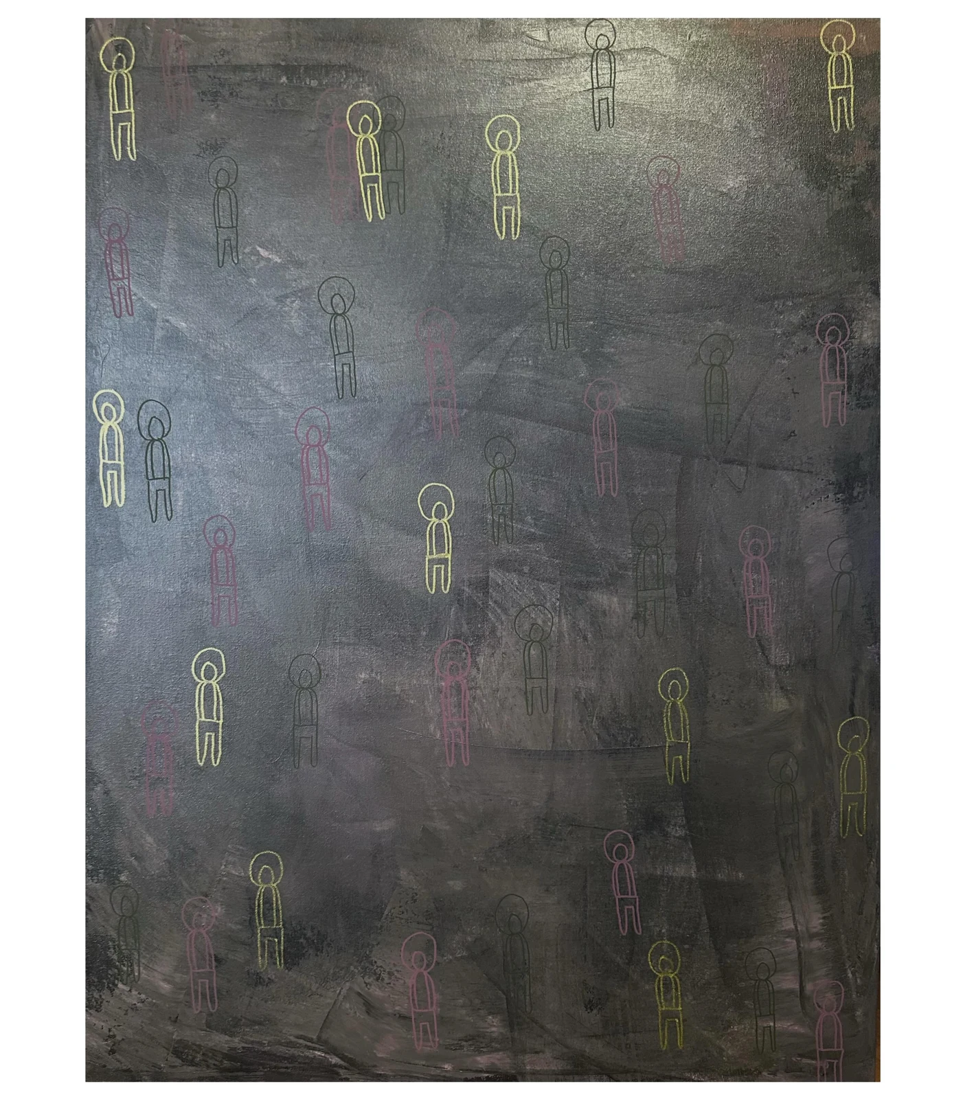 47 Trips. Small yellow outlined figures scattered across a tall, dark, textured field.