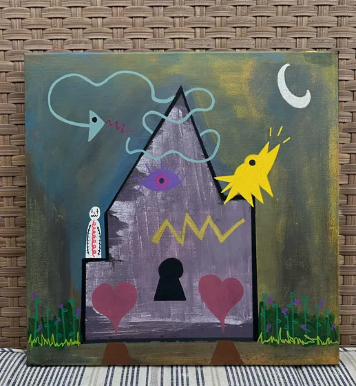 Refuge. A purple house with a keyhole doorway, red hearts, a yellow bird, and a crescent moon against a dark green sky.