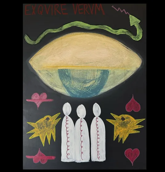 The Search Continues. A large golden eye above three white figures, flanked by yellow birds and red hearts on a black background.