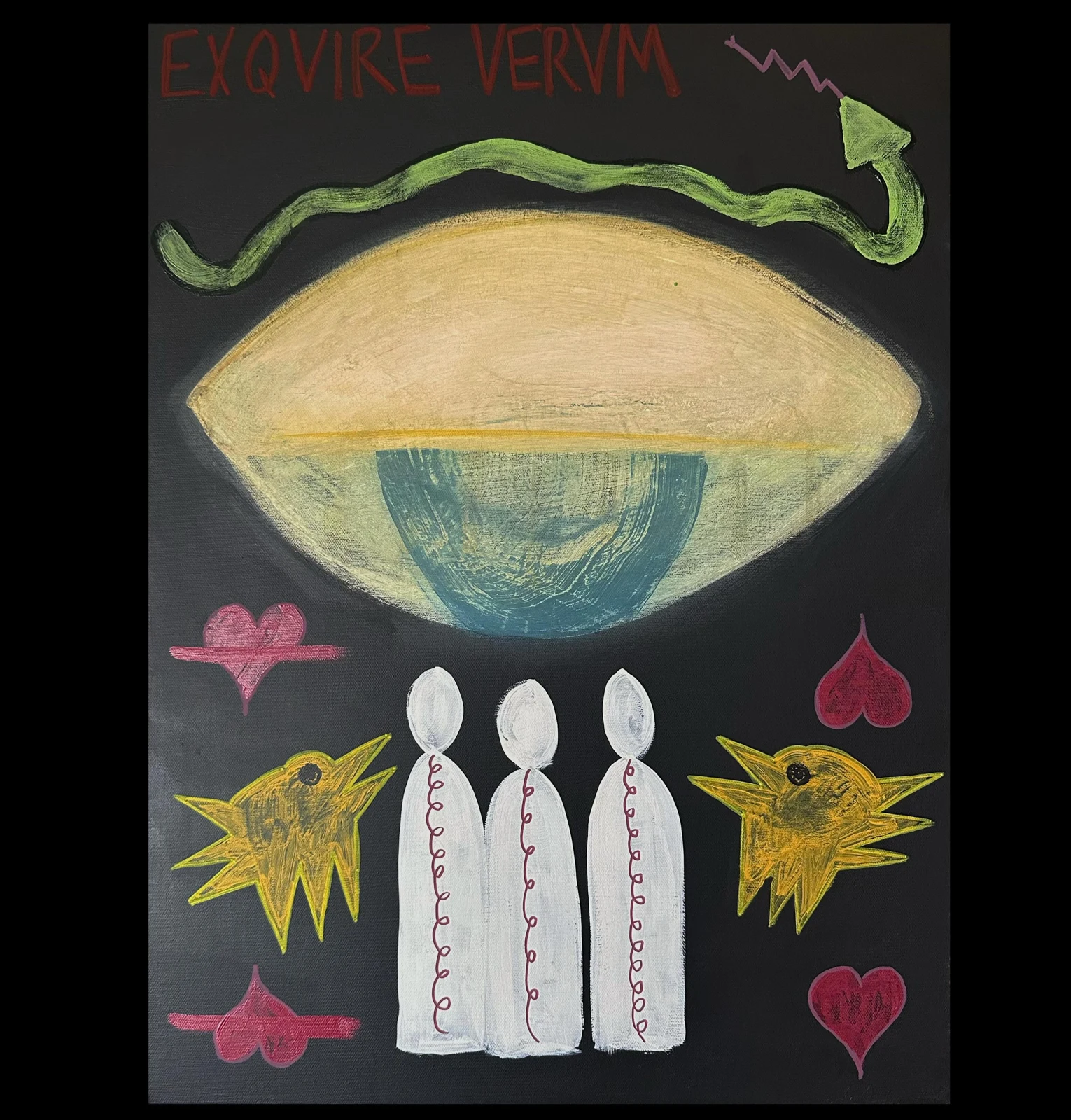 The Search Continues. A large golden eye above three white figures, flanked by yellow birds and red hearts on a black background.