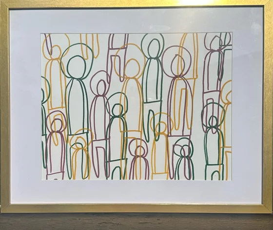 Debate. Overlapping outlines of tall and short human figures in muted red, blue, green, and gold, surrounded by a light mat and gold frame.