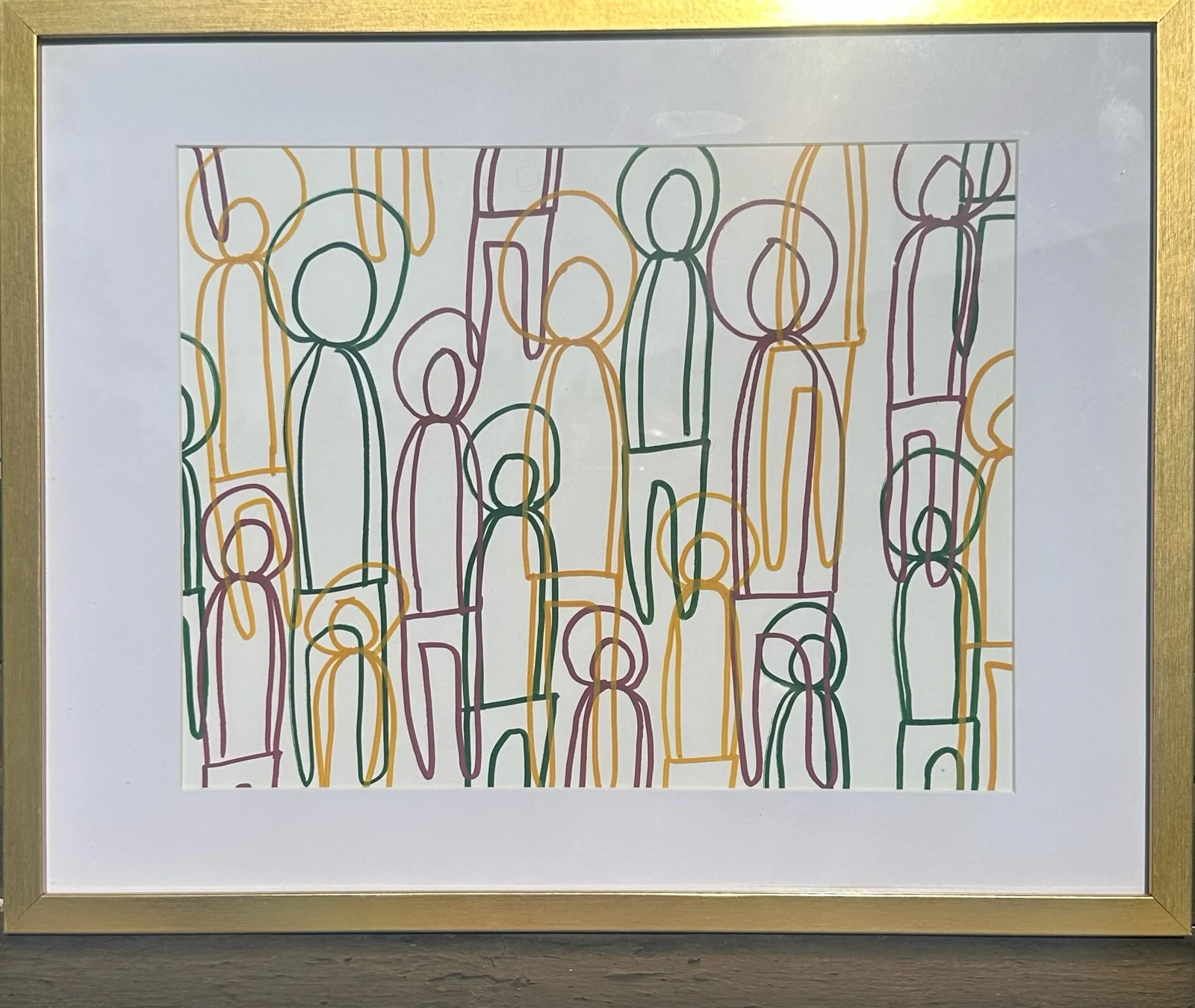 Debate. Overlapping outlines of tall and short human figures in muted red, blue, green, and gold, surrounded by a light mat and gold frame.