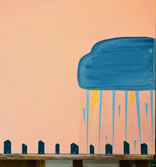 storm. A dark blue rain cloud and yellow lightning hang above a row of tiny houses against a peach sky.