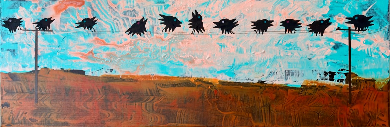A Beautiful Murder. Black crows with colored eyes perched on electrical wires above Oklahoma red earth beneath a textured turquoise and pink sunrise.