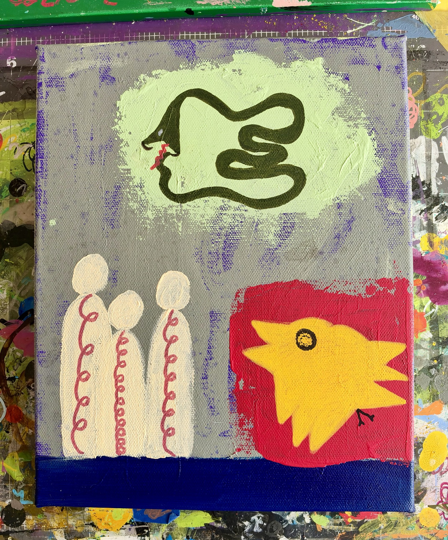 Allegory of the Bardo. A coiled dark snake against pale green above three cream-colored figures and a yellow bird on a red field, with a textured gray-purple background and deep blue ground.