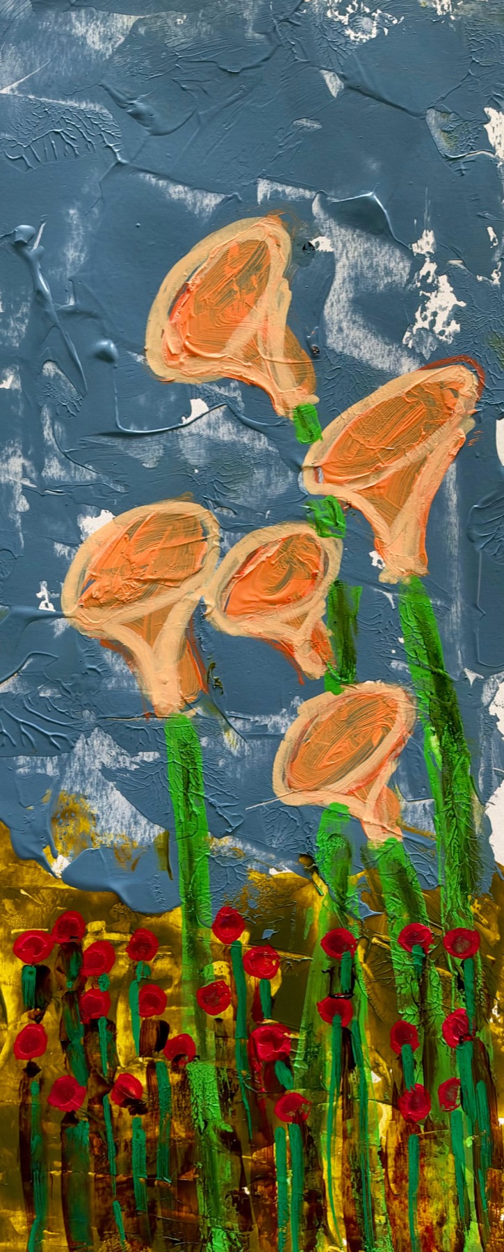 The Ground Was Lonely. Five peach-colored flowers rise above small red flowers against a textured blue-gray background and golden ground.